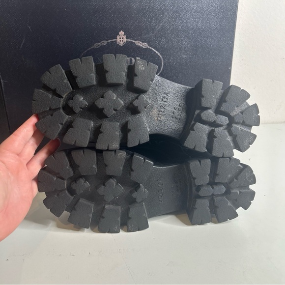 Prada Black Monolith Leather and Re-Nylon Pouch Combat Boots Size 6 - Picture 11 of 16